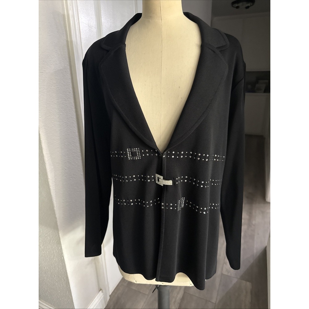 VTG Exclusively Misook Black Knit Jacket XL Rhinestone Glitz & Glam Luxury Korea